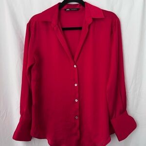 Zara Red Button-Down Silk Blend Blouse